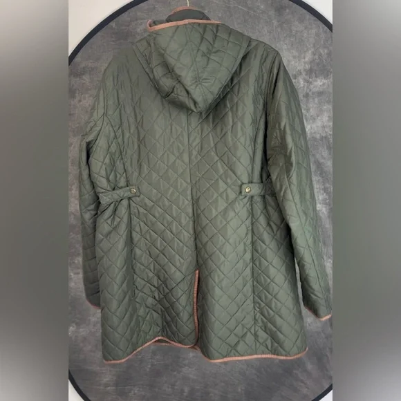 Lauren Ralph Lauren Quilted Jacket XXL Olive Green Hooded 3/4 Equestrian Coat - Picture 5 of 11